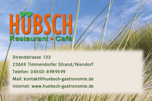 Vorderseite und Rückseite der Visitenkarten des Restaurant Hübsch am Timmendorfer Strand